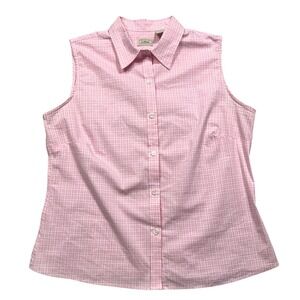 LL Bean Womens Pink Gingham Sleeveless Button Down Shirt Size L Cotton Blend